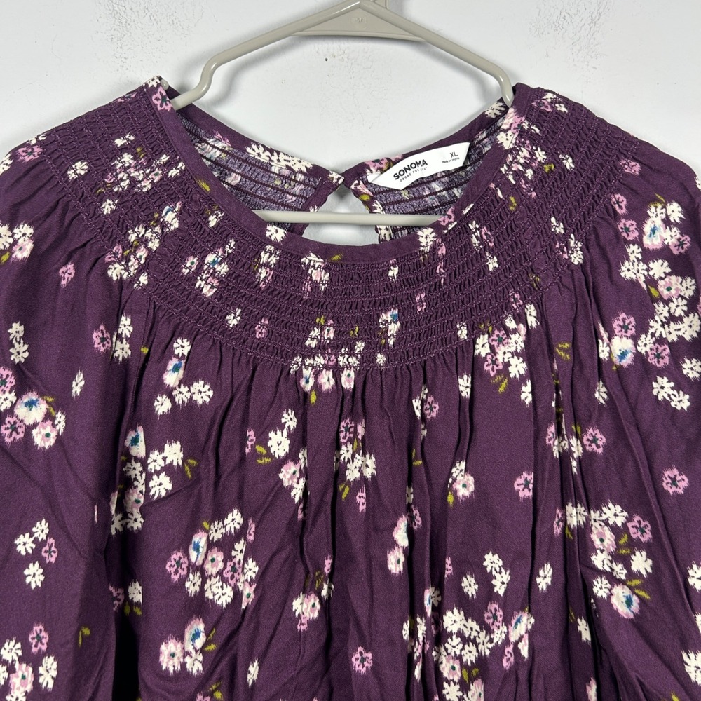 NWT Sonoma Blouse Women's XL Plum Purple Floral Smocked Neck Boho Peasant Office - Picture 3 of 7